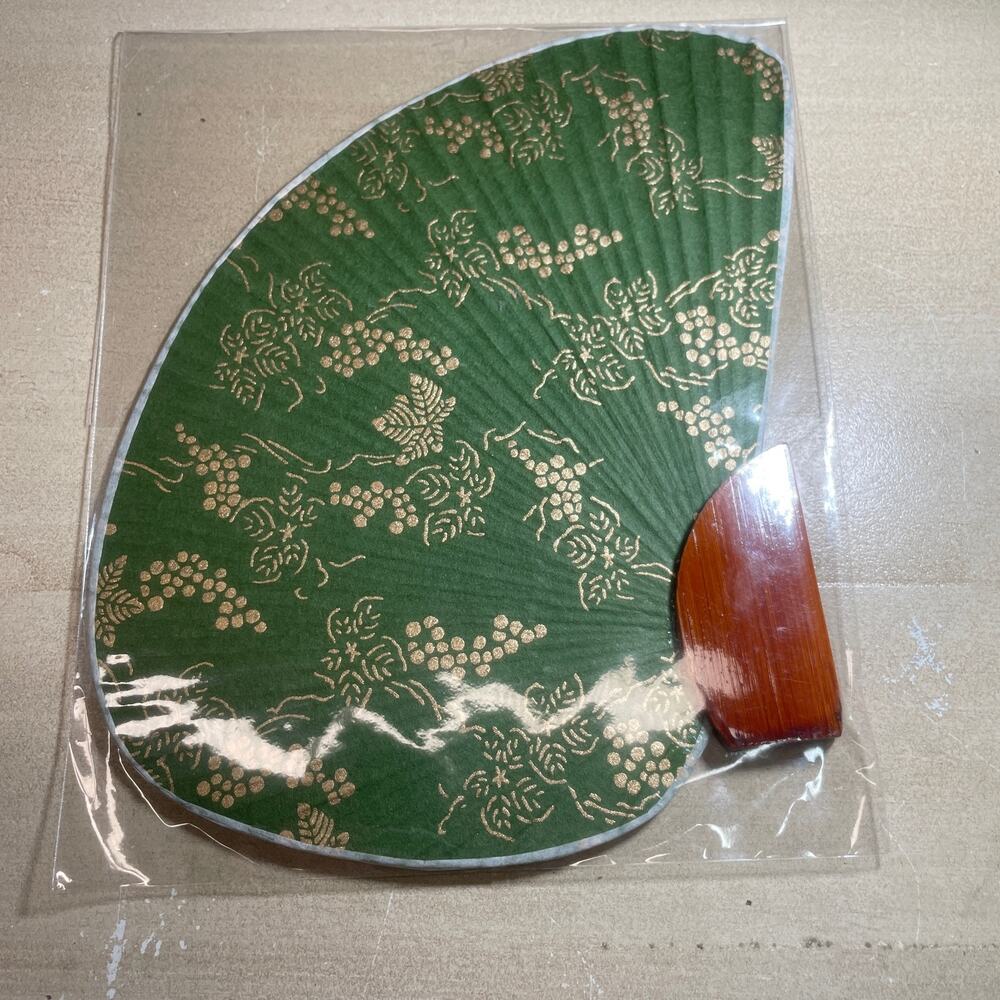 Mini Japanese Mikis Paper Chidori Uchiwa Fan Green Gold Wood Handle Kyosen Washi